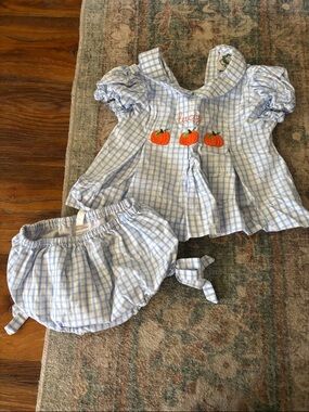 Blue Gingham LUCY Two-Piece Baby Set with Pumpkin Embroidery
